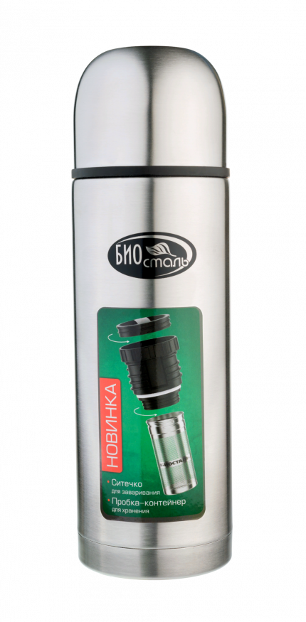 Термос Биосталь-ОХОТА с узкой горловиной и пробкой с ситечком, 1,0 л